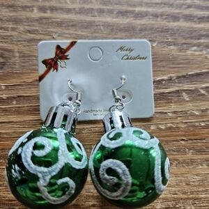 Green and Silver Christmas Ornament Earrings